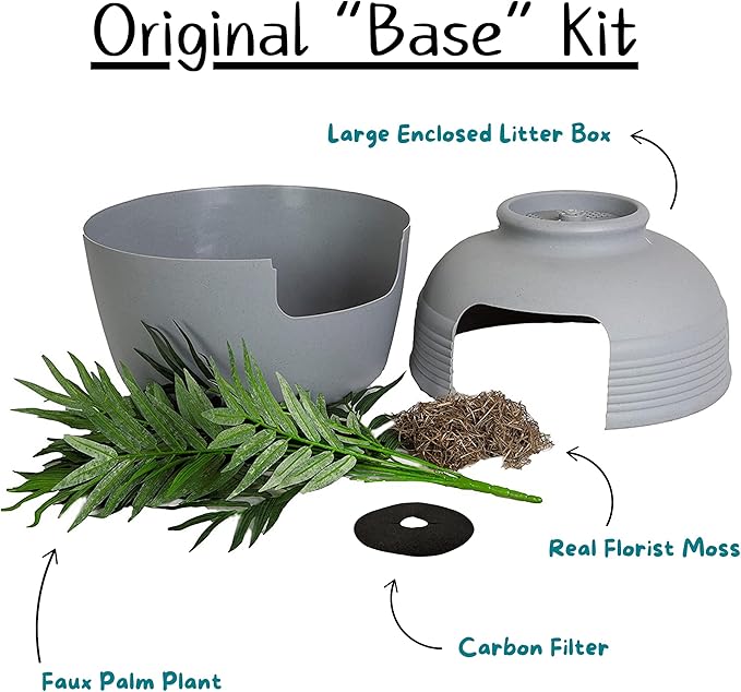 Good Pet Stuff, The Original Hidden Litter Box Base Kit, Round Enclosed Cat Litter Box Planter with Artificial Plants, Vented Carbon Odor Filter System, Florist Moss, Easy to Clean, Stone Gray