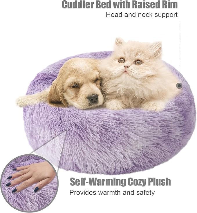 Aurako Cat Bed Dog Bed Round Cushion Pet Bed Mat Ultra Soft Plush Donut Sofa Comfortable Pillow Machine Washable Pet Cuddle Beds for Kitten Small Medium Large Dogs Cats 20" Purple and White