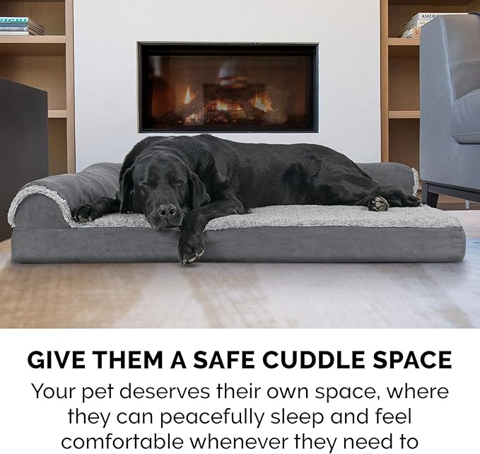 Furhaven Memory Foam Dog Bed for Large Dogs w/ Removable Bolsters & Washable Cover, For Dogs Up to 125 lbs - Two-Tone Plush Faux Fur & Suede L Shaped Chaise - Stone Gray, Jumbo Plus/XXL
