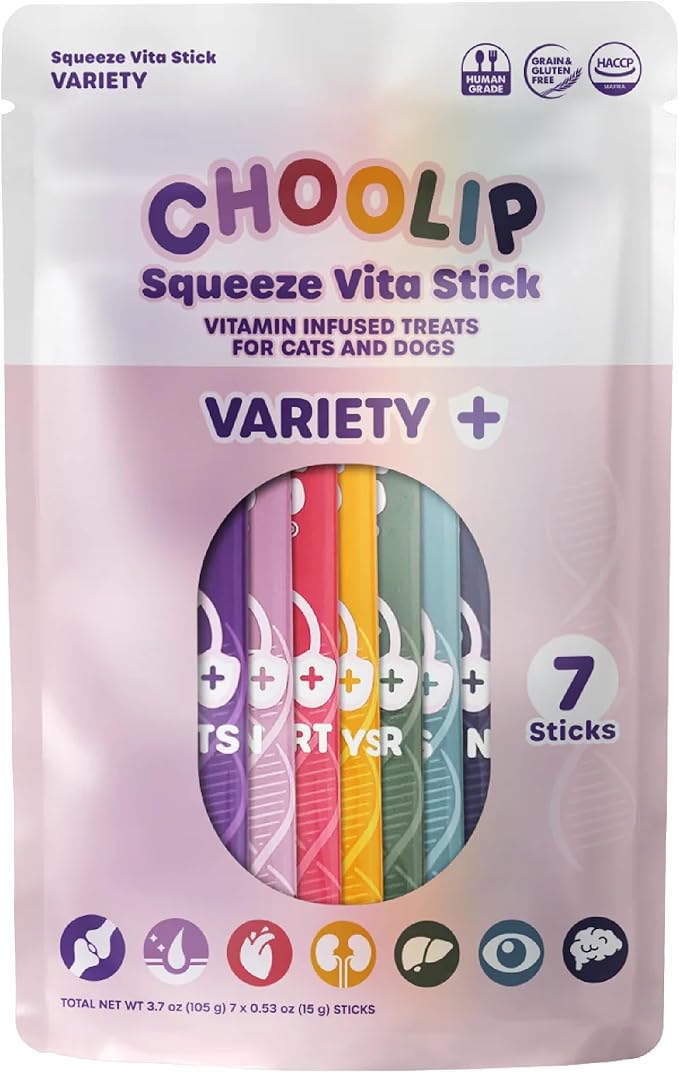 Squeeze Vita Stick Lickable Cat and Dog Treats. Cat Multivitamin SnackVariety Pack, 7 Different Formulas, Antioxidants, Minerals, Vet-Formulated 7pk Lickable Cat Treat Pack. Nutrient-packed.