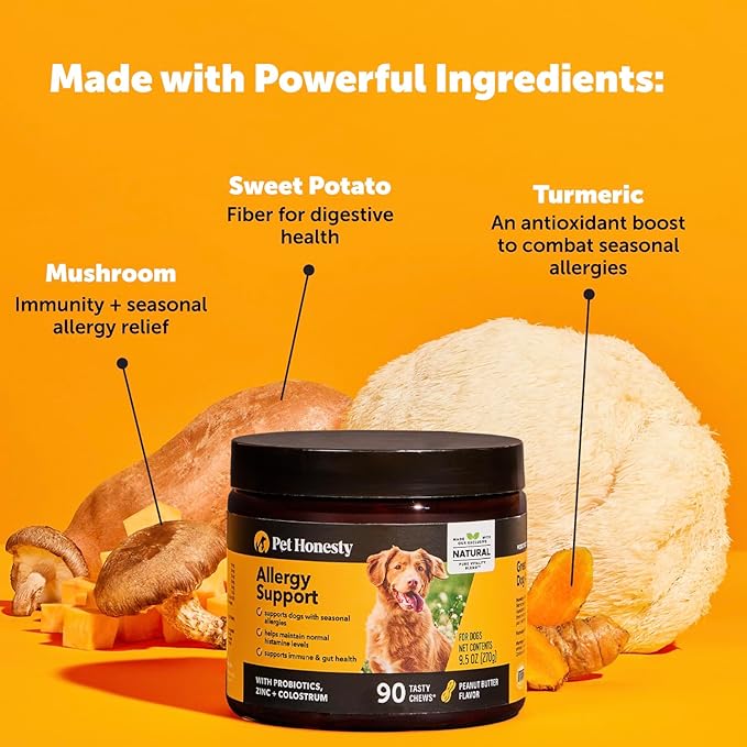 Pet Honesty Allergy Itch Relief for Dogs - Dog Allergy Support Immunity Supplement - Dog Allergy Chews, Probiotics for Dogs, Seasonal Allergies, Skin and Coat Supplement - Peanut Butter (90ct)