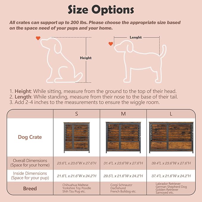 LIANTRAL Large Dog Crate Furniture, 39" Heavy Duty Dog Kennel House Wooden Dog Cage with Storage Side End Table for Living Room Bedroom