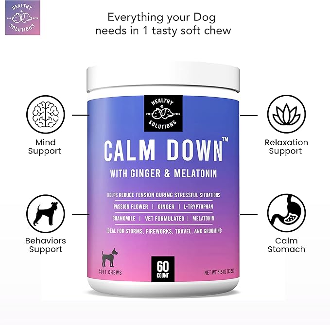 Calming Chews for Dogs - Dog Calming Treats for Anxiety & Stress Relief with Melatonin and Ginger - Aid with Storms, Grooming, Fireworks, Separation, Travel, Motion Sickness, & Sleep - 60 Soft Chews