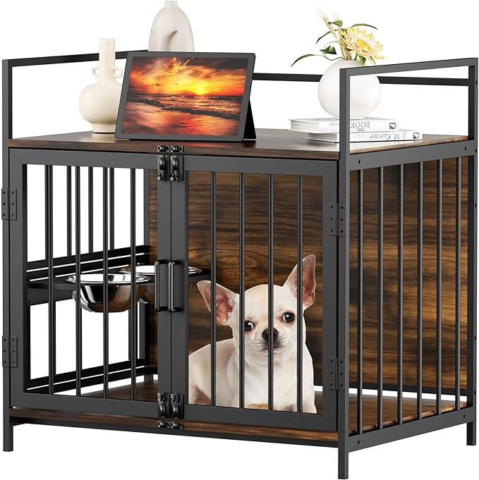 ROOMTEC Dog Crate Furniture-Style Cages for Small Dogs Indoor Heavy Duty Super Sturdy Dog Kennels with 2 Stainless Steel Bowls (32Inch = Int.dims: 30.7" W x 20" D x 20" H)