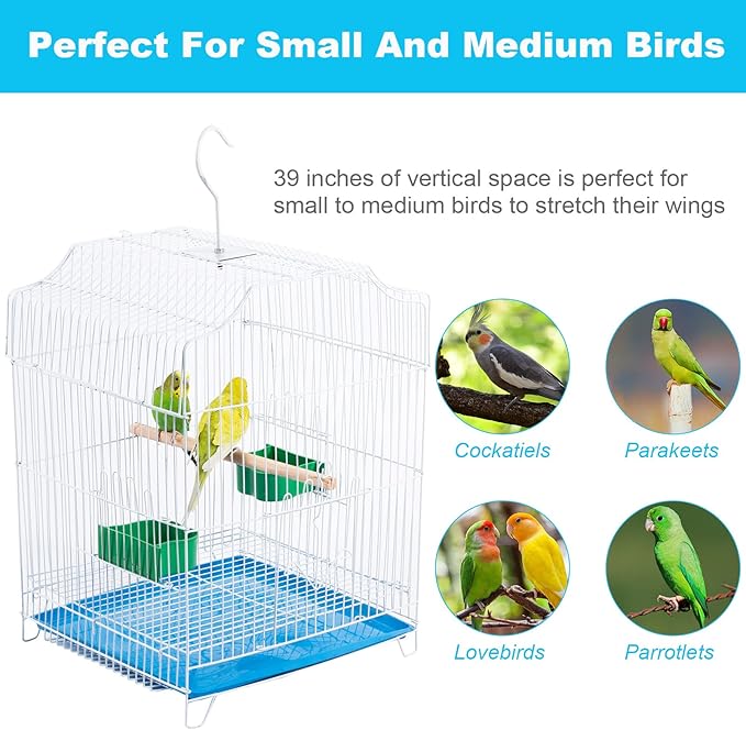 Small Bird Travel Cage-Lightweight Small Birds Starter Kit with Birdcages and Accessories Great for Parakeets Lovebirds Parrotlets Finches Canaries Blue Removable Plastic Tray Include