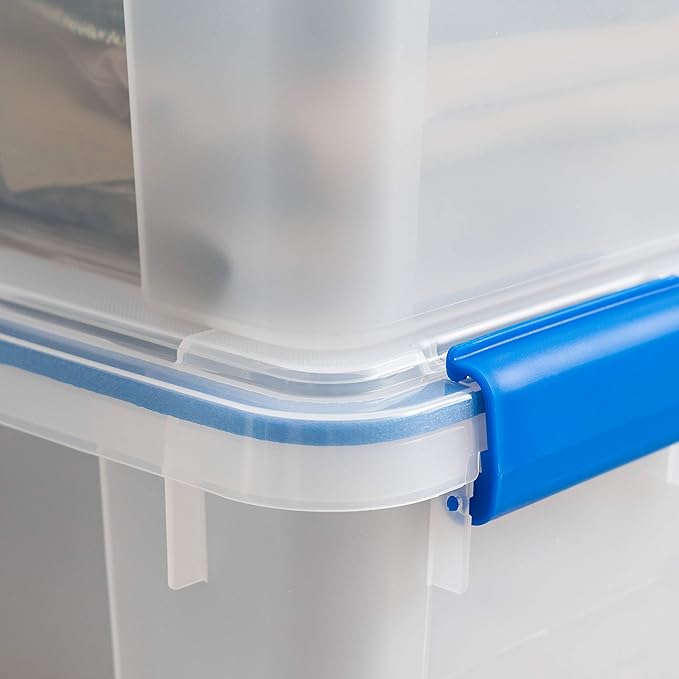 IRIS USA 60 Qt Storage Box with Gasket Seal Lid, 3 Pack - BPA-Free, Made in USA - Heavy Duty Moving Containers with Tight Latch, Weather Proof Tote Bin, WEATHERPRO - Clear/Blue