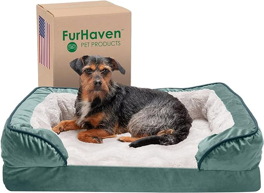 Furhaven Memory Foam Dog Bed for Medium/Small Dogs w/ Removable Bolsters & Washable Cover, For Dogs Up to 35 lbs - Plush & Velvet Waves Perfect Comfort Sofa - Celadon Green, Medium