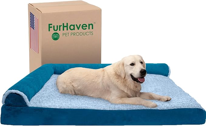 Furhaven Memory Foam Dog Bed for Large Dogs w/ Removable Bolsters & Washable Cover, For Dogs Up to 125 lbs - Two-Tone Plush Faux Fur & Suede L Shaped Chaise - Marine Blue, Jumbo Plus/XXL