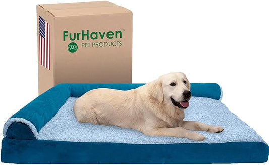 Furhaven Memory Foam Dog Bed for Large Dogs w/ Removable Bolsters & Washable Cover, For Dogs Up to 125 lbs - Two-Tone Plush Faux Fur & Suede L Shaped Chaise - Marine Blue, Jumbo Plus/XXL