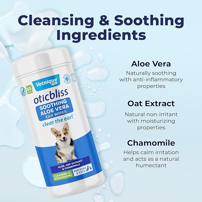 Vetnique Labs Oticbliss Ear Cleaner Wipes/Flushes for Dogs & Cats with Odor Control and Itch Relief Reduces Head Shaking - Clear The Ear (Ear Cleaning Wipes, Aloe Cleaning Large)