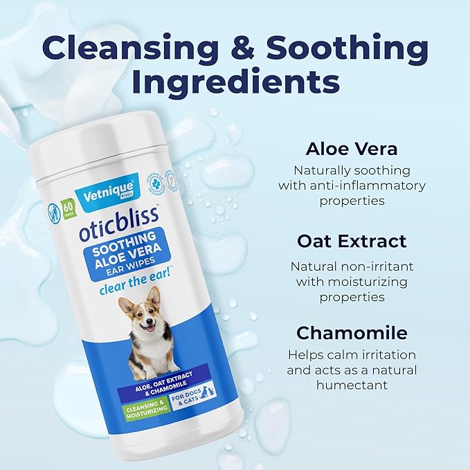 Vetnique Labs Oticbliss Ear Cleaner Wipes/Flushes for Dogs & Cats with Odor Control and Itch Relief Reduces Head Shaking - Clear The Ear (Ear Cleaning Wipes, Aloe Cleaning Large)