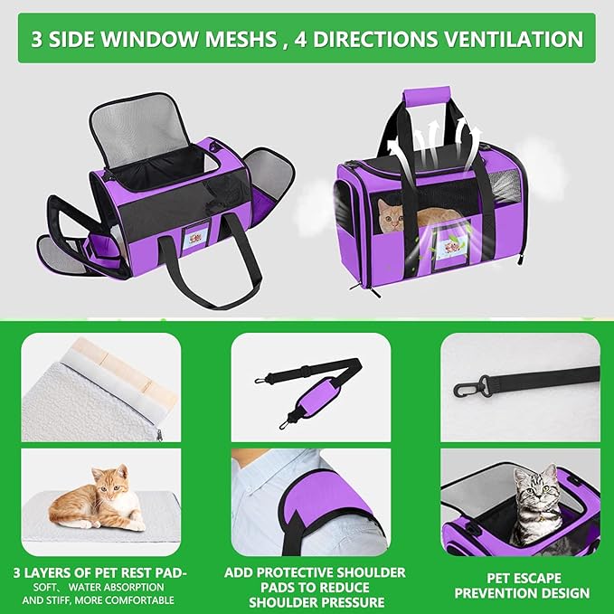 Extra Large Pet Carrier 20 lbs+, Soft Sided Cat Carriers for Large Cats Under 25 lbs, Folding Big Dog Carrier 20"x13"x13", Cat Carrier for 2 Cats Travel Carrier -Large- Purple