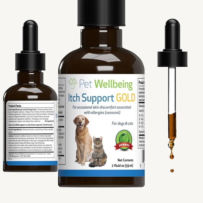 Pet Wellbeing Itch Support Gold for Cats - Vet-Formulated - Itchy Skin & Paws, Hot Spots, Skin Allergies - Natural Herbal Supplement 2 oz (59 ml)