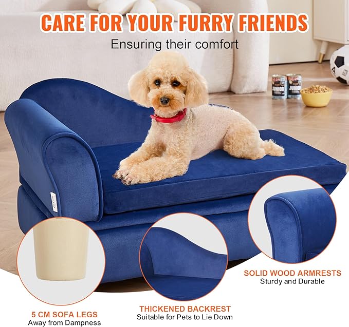 VEVOR Pet Sofa, Dog Couch for Medium-Sized Dogs and Cats, Soft Velvety Dog Sofa Bed, 81 lbs Loading Cat Sofa, Blue