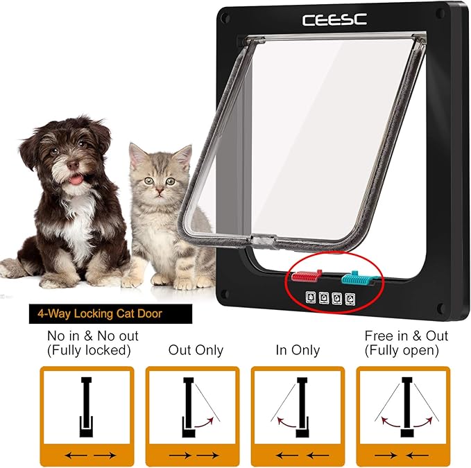 CEESC Large Cat Door (Outer Size 11" x 9.8"), 4 Way Locking Cat Door for Windows & Sliding Glass Door, Weatherproof Cat Flap Door for Cats & Doggie with Circumference < 24.8"