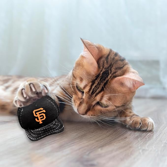 BEST PLUSH CAT TOY - MLB SAN FRANCISCO GIANTS Complete Set of 3 piece Cat Toys filled with Fresh Catnip. Includes: 1 Baseball Cap Cat Toy, 1 Baseball Cat Toy with Feathers & 1 Beer Bottle. Team LOGO