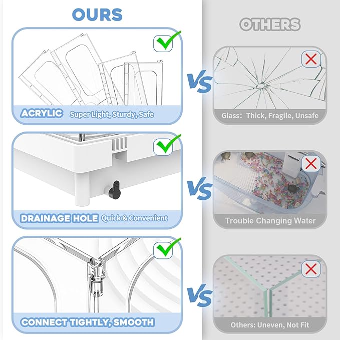 Small Turtle Tank, Turtle Aquarium, Acrylic Turtle Terrarium with Basking Platform, Bottom Drainage, Multi-Function Areas for Turtles, Crabs, Crayfish, Small Reptiles. (White Tank)