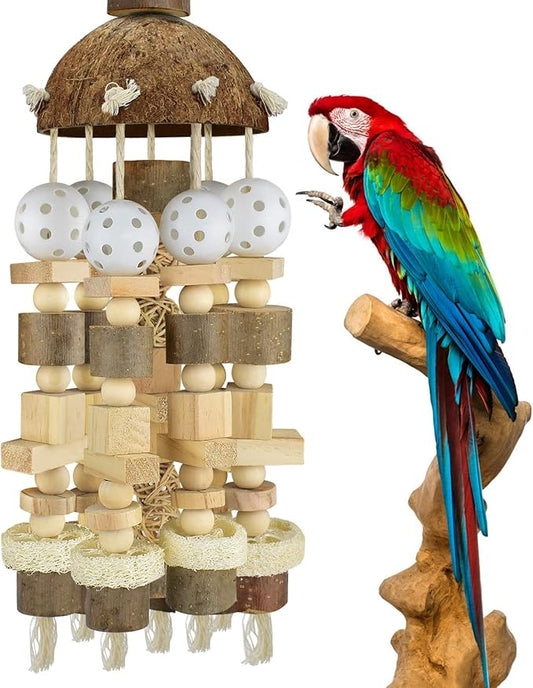 KATUMO Bird Parrot Toy, Large Parrot Toy Natural Wooden Blocks Bird Chewing Toy Parrot Cage Bite Toy Suits for African Grey Cockatoos Amazon Parrots Ect Large Medium Parrot Birds