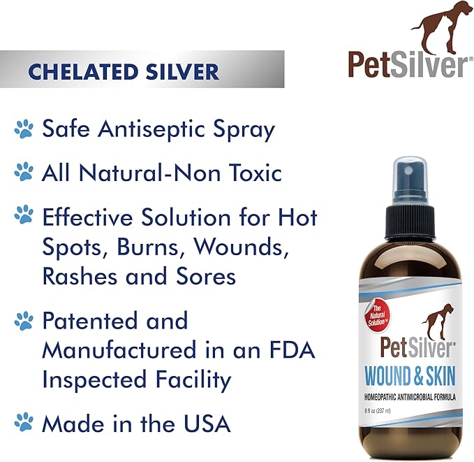 PetSilver Wound & Skin Spray with Patented Chelated Silver, Allergy Relief for Dogs Itching, Hot Spot Treatment for Dogs, Cat and Dog Wound Care, Natural Skin Soother for Dogs, USA, 8 fl. oz.