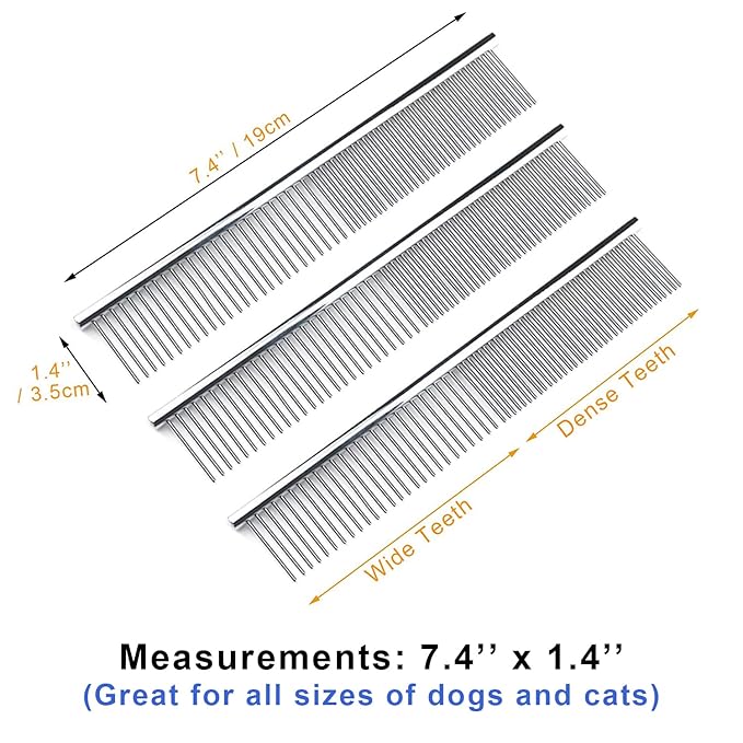 Dog Combs Cat Combs 3 Pack Pet Combs Stainless Steel Metal Comb Wide Tooth Comb&Dense Tooth Comb Flea Comb for Cats Dogs Dog Grooming Comb-Silver