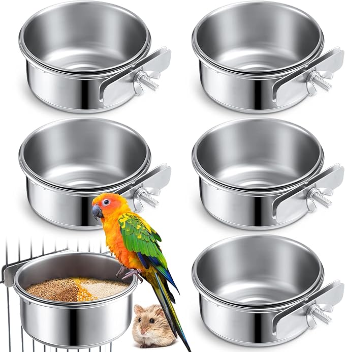 Sabary 6 Pieces Stainless Steel Pet Feeder Water Bowl 10 oz Bird Parrot Feeders Water Cage Bowls with Holder Bird Feeding Dish Cups for Bird Parrot Cockatiel Small Animal