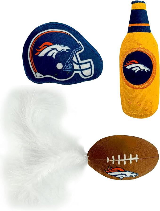 BEST PLUSH CAT TOY - NFL DENVER BRONCOS Complete Set of 3 piece Cat Toys filled with Fresh Catnip. Includes: 1 Helmet Cat Toy, 1 Football Cat Toy with Feathers & 1 Beer Bottle. Beautiful Team LOGOS