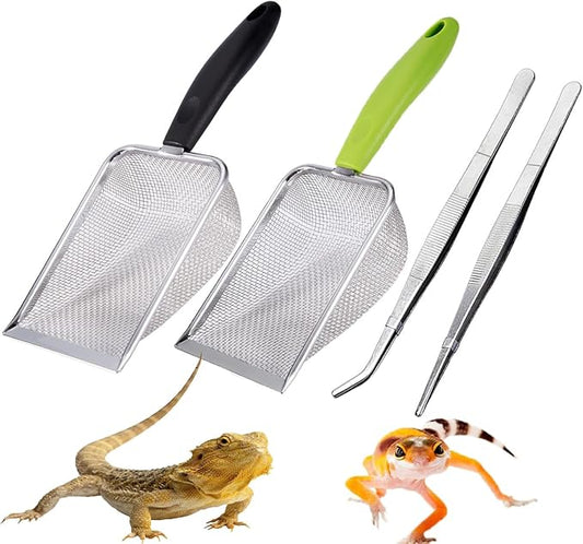 Reptile Sand Substrate Scoop Reptile Sand Fine Mesh Reptile Scooper Stainless Steel Terrarium Substrate Sand Bedding Litter Cleaner Scoop and Reptile Long Feeding Tongs Set (Green & black-2mm)