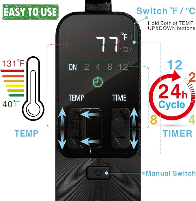 PID Dimming Reptile Thermostat with 24 Hours Cycle Timer for Reptiles Heat Lamp Heating Pad Seedling Heat Mat Temperature Controller