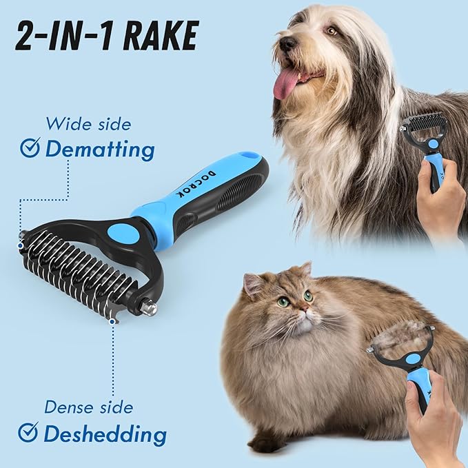 Pet Grooming Brush and Metal Comb Combo, Cat Brush Dog Brush for Shedding, Undercoat Rake for Dogs Grooming, Dematting Deshedding Brush Dogs Shedding Tool for Long matted Haired Pets, Blue