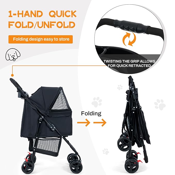 Pet Dog Stroller,Foldable Dog Cat Jogger Stroller, Pet Strolling Cart, Dog Travel Carrier Portable Lightweigh Dog Stroller with Storage Basket and Cup Holder for Medium Small Dogs Cats(Black)