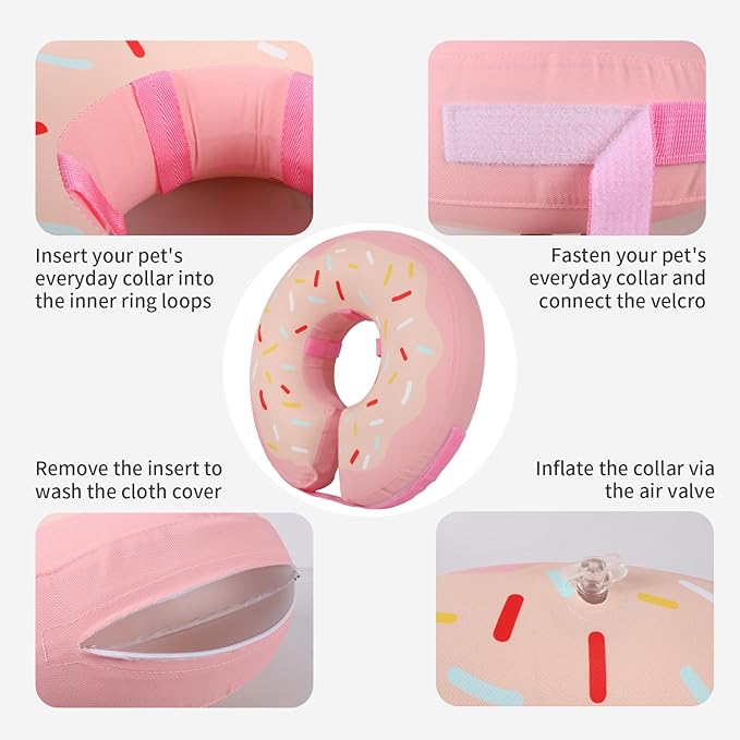 Waterproof Inflatable Dog Cone,Adjustable Recovery Collar for Dogs After Surgery,Prevent from Biting & Scratching,Not Block Vision (Donut Pink S)