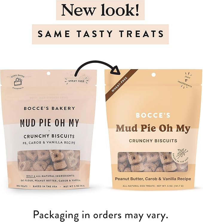 Bocce's Bakery Oven Baked Mud Pie Oh My Treats for Dogs, Everyday Wheat-Free Dog Treats, Made with Real Ingredients, All-Natural PB, Carob & Vanilla Biscuits, 5 oz