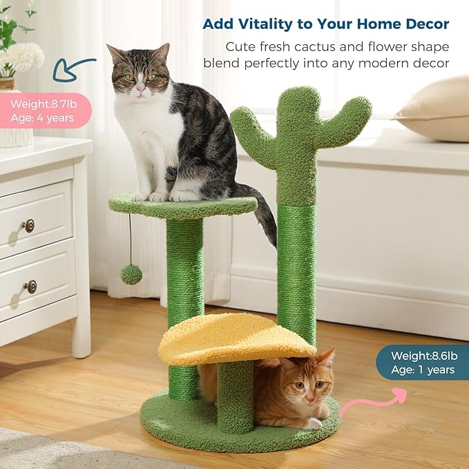 Made4Pets Cat Tree Cactus Cat Scratching Post 26” Cats Tree Tower for Indoor Cat Scratchers Kitty Tower with Flower Perch, Dangling Ball