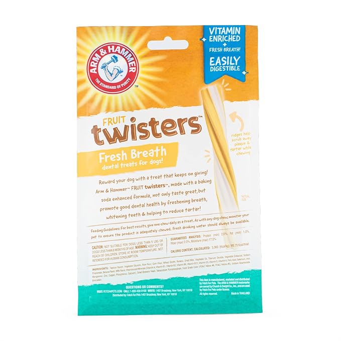 Arm & Hammer Fruit Twisters Fresh Breath Dental Treats for Dogs in Banana Flavor, Medium Dog Dental Chews Fight Bad Breath, Plaque & Tartar Without Brushing (Pack of 24, 192 Count Total)