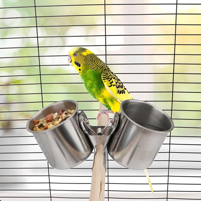 Hypeety Bird Parrot Feeding Double Cups Stainless Steel Food Water Bowls with Clip Bird Seed Feeder Cups Hanging Bowl Cage Stand Accessories