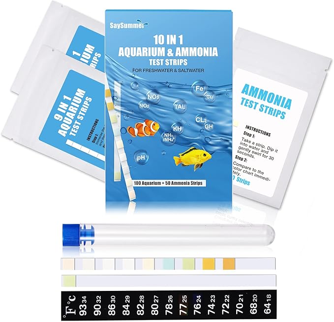 10 in 1 Ammonia Test Kit for Aquarium, 150ct Aquarium Ammonia Test Strips Freshwater Saltwater, Fish Tank Aquarium Test Strips Kit - Testing Ammonia and 9 More !