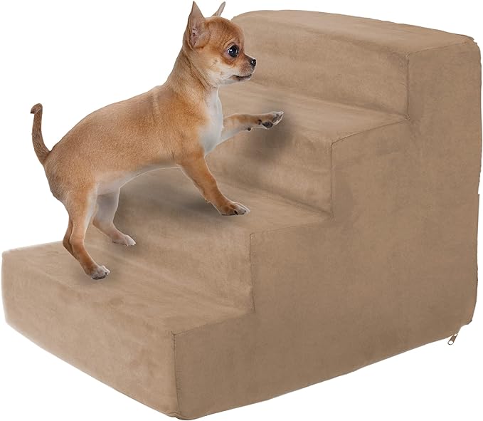 4-Step Pet Stairs - Nonslip Foam Dog and Cat Steps with Removable Zippered Microfiber Cover - Designed for Home or Vehicle Use by PETMAKER (Tan)