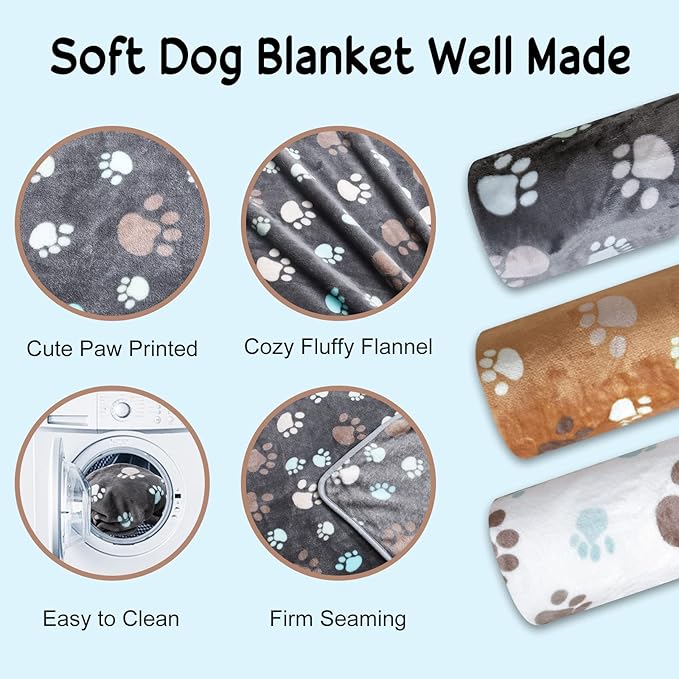 Blankets for Dogs,3 Pack Grey Dog Blankets for Large Dogs Cat,Washable Pet Blankets 41" x 31",Soft Pet Mat Throw Cover for Kennel Crate Bed,Cute Paw Puppy Blankets for Medium,Small Dogs