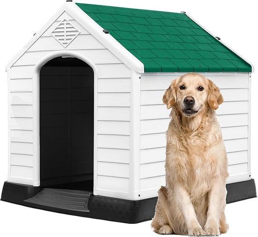 DWVO Large Plastic Dog House, Weatherproof Outdoor/Indoor Doghouse, Puppy Kennel with Air Vents and Elevated Floor, 41.3''L*38''W*38.8''H, Green