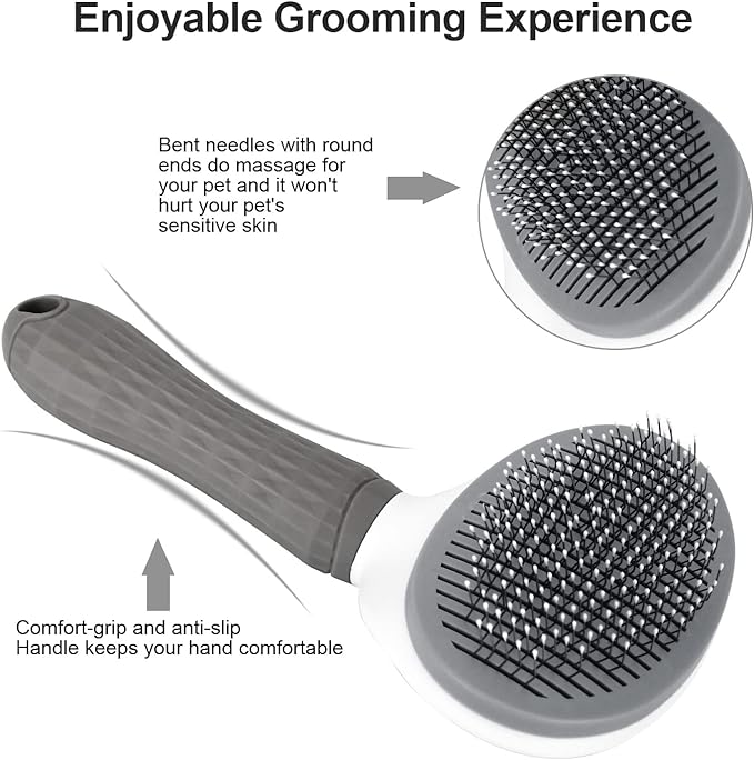 Depets Self Cleaning Slicker Brush, Dog Cat Bunny Pet Grooming Shedding Brush - Easy to Remove Loose Undercoat, Pet Massaging Tool Suitable for Pets with Long or Short Hair Gray