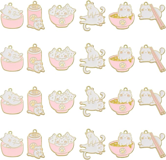 KitBeads 12pcs 6 Styles Cat Charms Enamel Pet Food Charms Drink Noodle Chopsticks Cute Animal Pink Kitten Charms for Jewelry Making Bulk