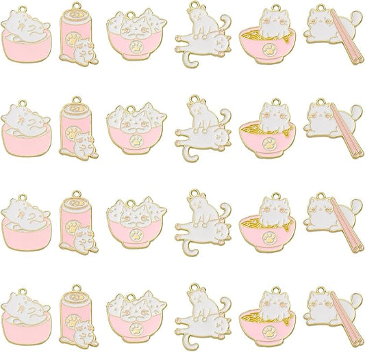 KitBeads 12pcs 6 Styles Cat Charms Enamel Pet Food Charms Drink Noodle Chopsticks Cute Animal Pink Kitten Charms for Jewelry Making Bulk