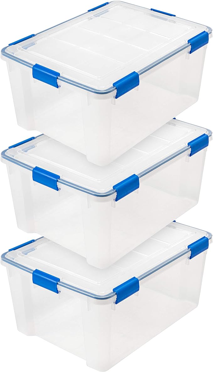 IRIS USA 60 Qt Storage Box with Gasket Seal Lid, 3 Pack - BPA-Free, Made in USA - Heavy Duty Moving Containers with Tight Latch, Weather Proof Tote Bin, WEATHERPRO - Clear/Blue