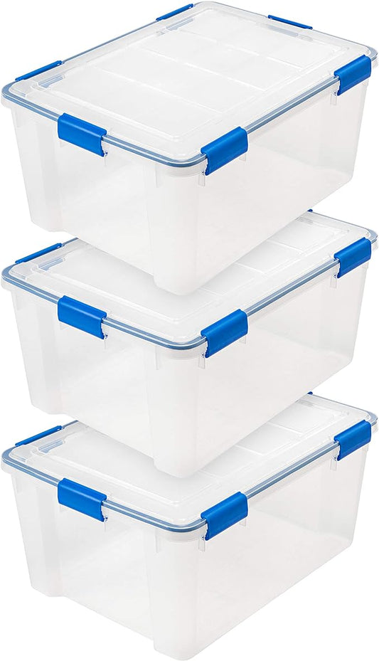 IRIS USA 60 Qt Storage Box with Gasket Seal Lid, 3 Pack - BPA-Free, Made in USA - Heavy Duty Moving Containers with Tight Latch, Weather Proof Tote Bin, WEATHERPRO - Clear/Blue