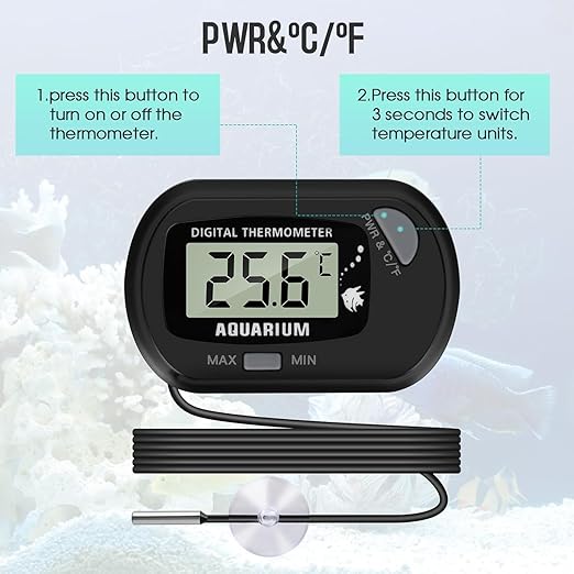 LCD Digital Aquarium Thermometer, Fish Tank Thermometer with Water-Resistant Sensor Probe and Suction Cup for Reptile, Turtle Incubators, Terrarium Water Thermometer (2 Pack)