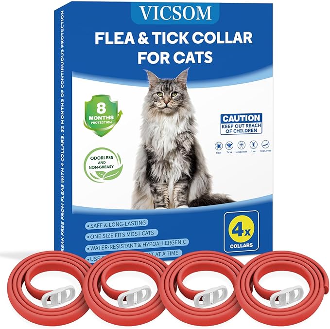 4 Pack Flea Collar for Cats, Cat Flea and Tick Collar 8 Months Prevention Cat Flea and Tick Treatment, Waterproof Adjustable Cat Flea Collar, Natural Anti Tick and Flea Collar for Kitten, Red