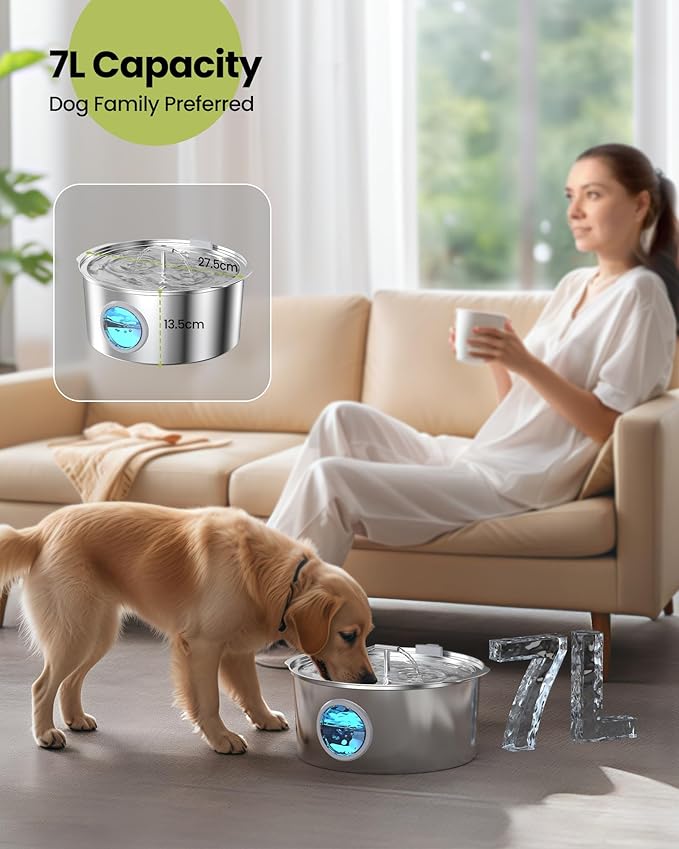 7L/1.8Gal/236oz Dog Water Fountain for Large Dog - Stainless Steel Automatic pet Drinking Dispenser with 4 Filters, Quiet Indoor Animal Watering Fountains for Pets, Metal water Bowls for Cats and Dogs