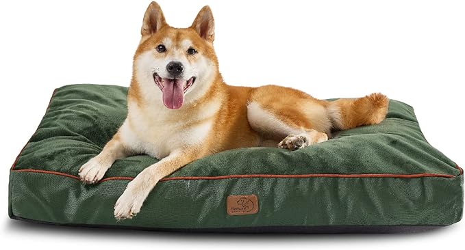 Bedsure Waterproof Dog Beds for Large Dogs - 4 inch Thick Up to 75lbs Large Dog Bed with Washable Cover, Pet Bed Mat Pillows, Dark Green