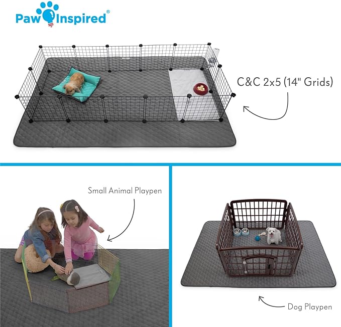 Paw Inspired 80x50” Waterproof Playpen Mat | Super Absorbent Fleece Cage Liner with Non-Slip Bottom | Pet Play Pen Pad for Dogs, Rabbits, Guinea Pigs, Hamsters, Small Animals (Dark Gray)