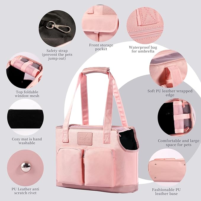 Dog Carrier Purse, Foldable Waterproof Premium PU Leather Oxford Cloth Dog Carrier Bag, Pet Travel Tote Bag with Pockets for Cat and Small Dog (Pink)